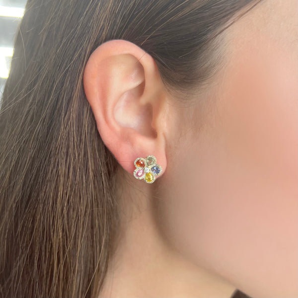 14K GOLD DIAMOND MULTI COLOR SAPPHIRE DARA FLOWER STUDS