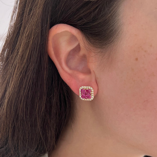 14K GOLD DIAMOND RUBY BECCA SQUARE STUDS