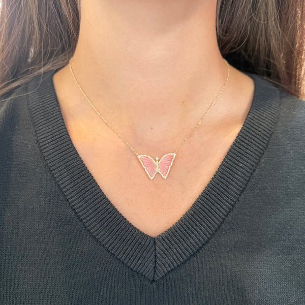 14K GOLD DIAMOND AND PINK OPAL BEATRIX BUTTERFLY NECKLACE