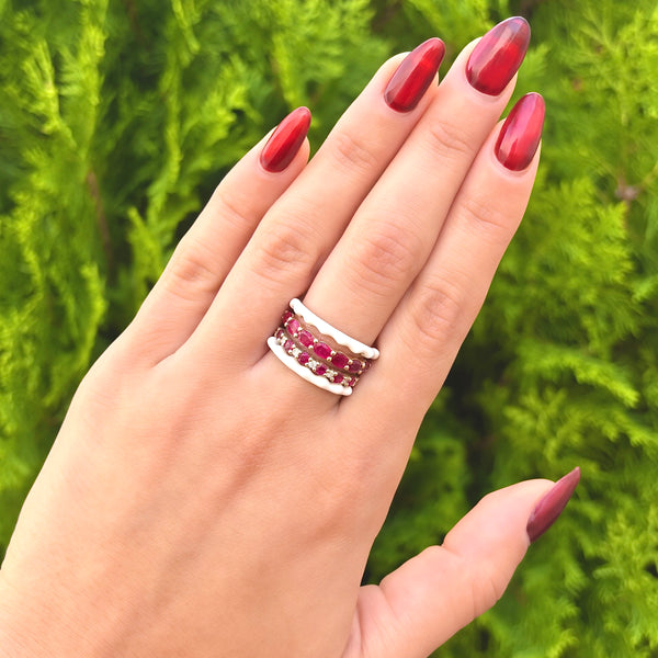 14K GOLD DIAMOND AND RUBY AND WHITE ENAMEL JOCELYN RING