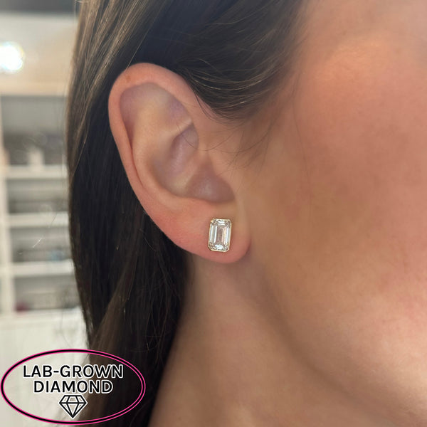 14K GOLD 4.00 CT LAB GROWN DIAMOND EMERALD BEZEL STUDS