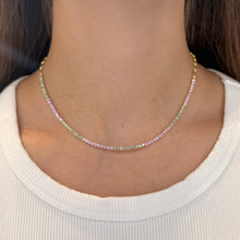 14K GOLD GREEN AND PINK SAPPHIRE TENNIS CHOKER NECKLACE
