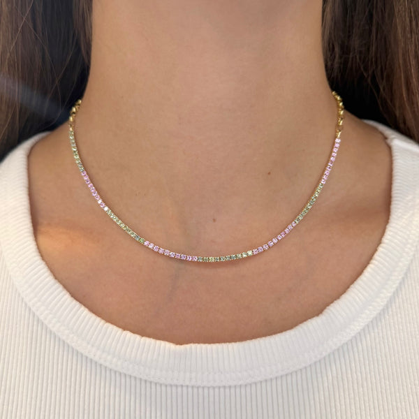 14K GOLD GREEN AND PINK SAPPHIRE TENNIS CHOKER NECKLACE