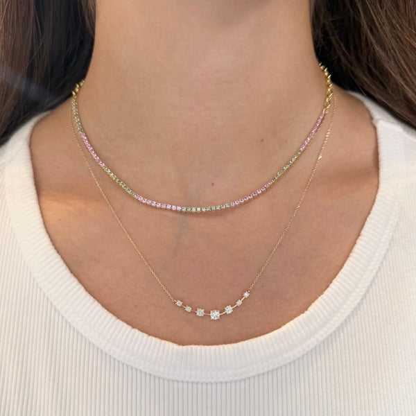 14K GOLD GREEN AND PINK SAPPHIRE TENNIS CHOKER NECKLACE