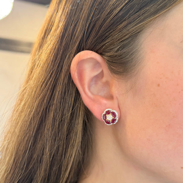14K GOLD DIAMOND AND RUBY CLAIRE FLOWER STUDS