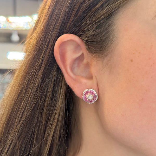 14K GOLD DIAMOND AND PINK SAPPHIRE CLAIRE FLOWER STUDS