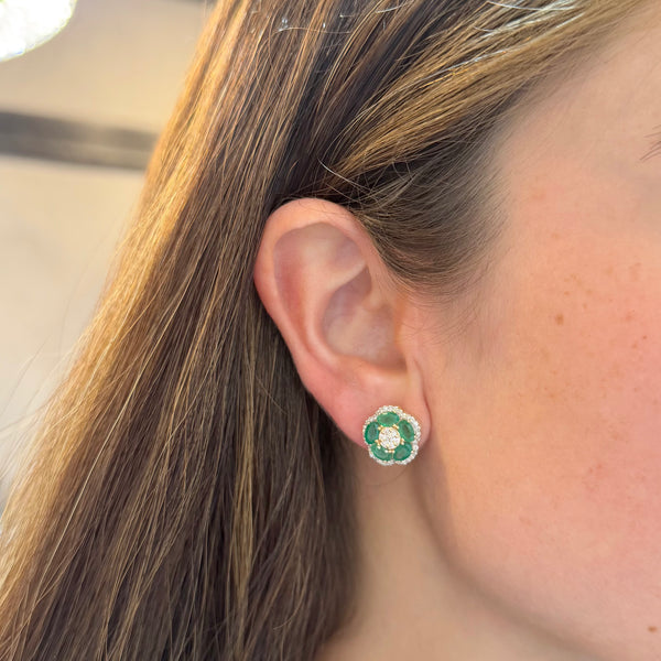 14K GOLD DIAMOND AND EMERALD CLAIRE FLOWER STUDS