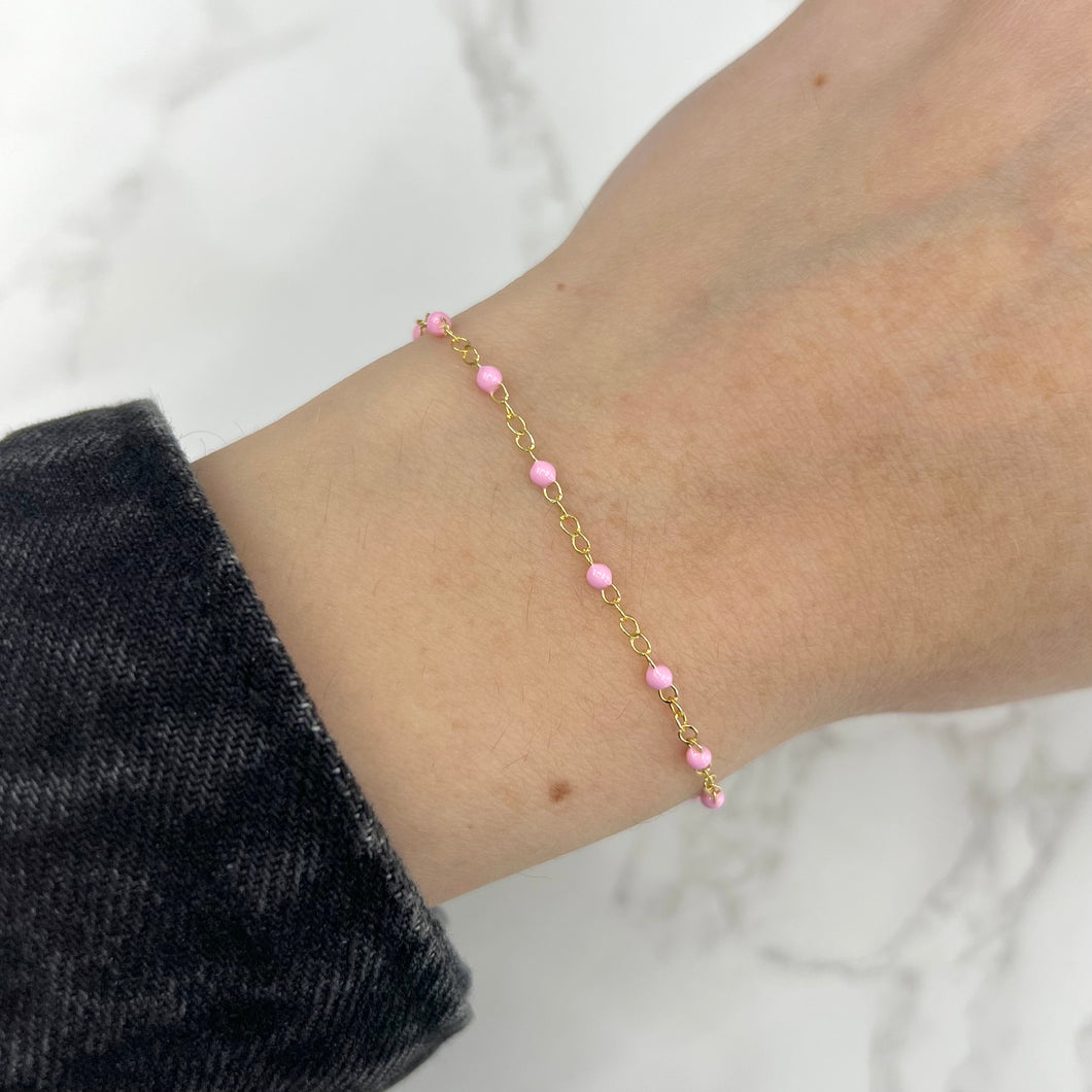 14K GOLD PINK ENAMEL BEADED BRACELET