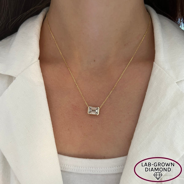 14K GOLD 2.50 CT LAB GROWN DIAMOND EMERALD BEZEL NECKLACE