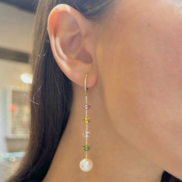 14K GOLD DIAMOND PEARL AND TOURMALINE ELIANA EARRINGS