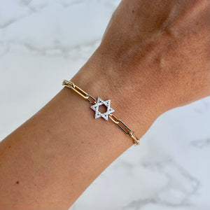 14K GOLD DIAMOND STAR OF DAVID PAPERCLIP BRACELET