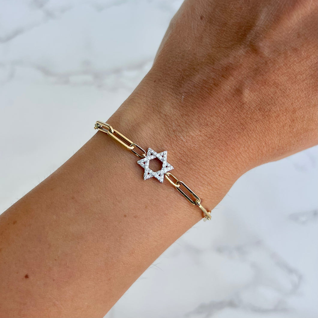 14K GOLD DIAMOND STAR OF DAVID PAPERCLIP BRACELET