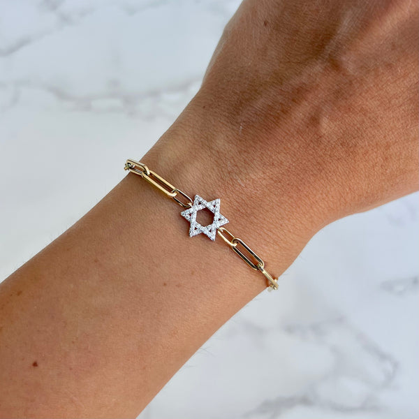14K GOLD DIAMOND STAR OF DAVID PAPERCLIP BRACELET