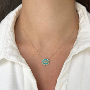 14K GOLD DIAMOND SAPPHIRE AND TURQUOISE LARA EYE NECKLACE