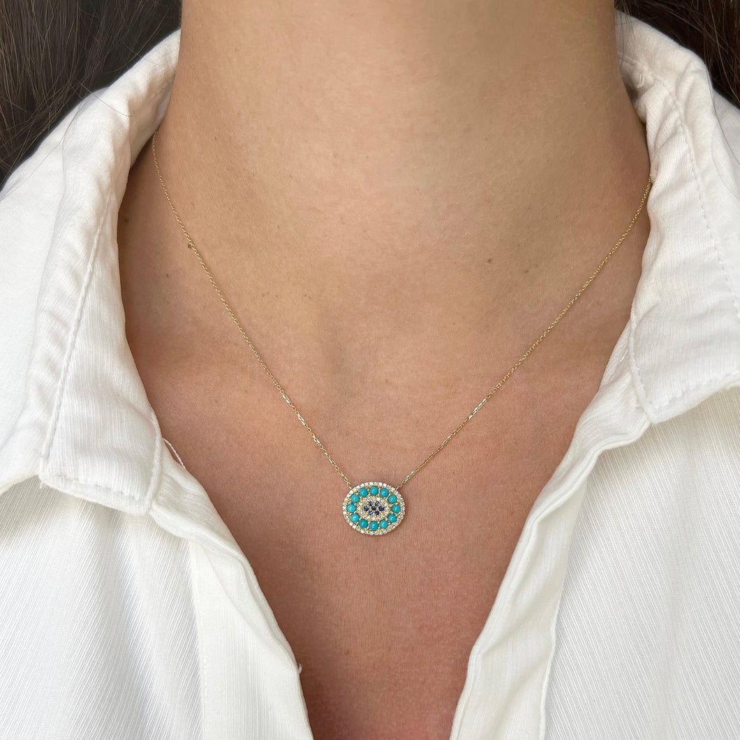 14K GOLD DIAMOND SAPPHIRE AND TURQUOISE LARA EYE NECKLACE