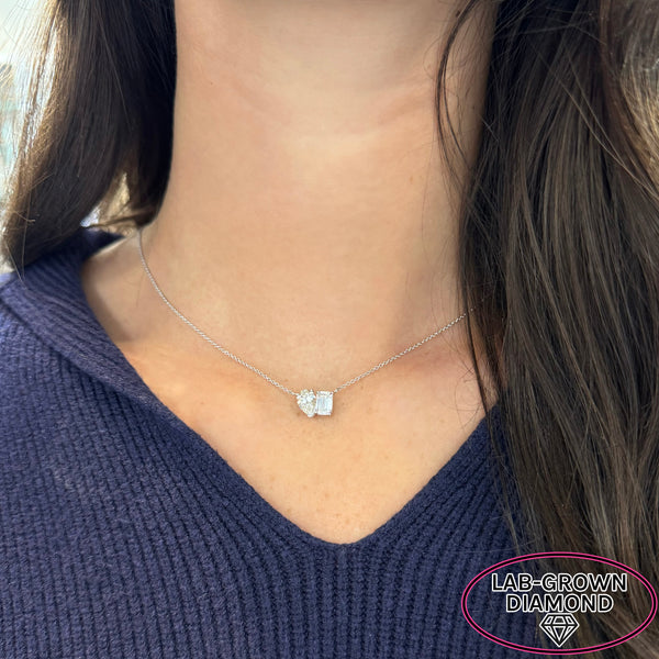 14K GOLD 2.00 CT LAB GROWN DIAMOND PEAR AND EMERALD 2 STONE NECKLACE