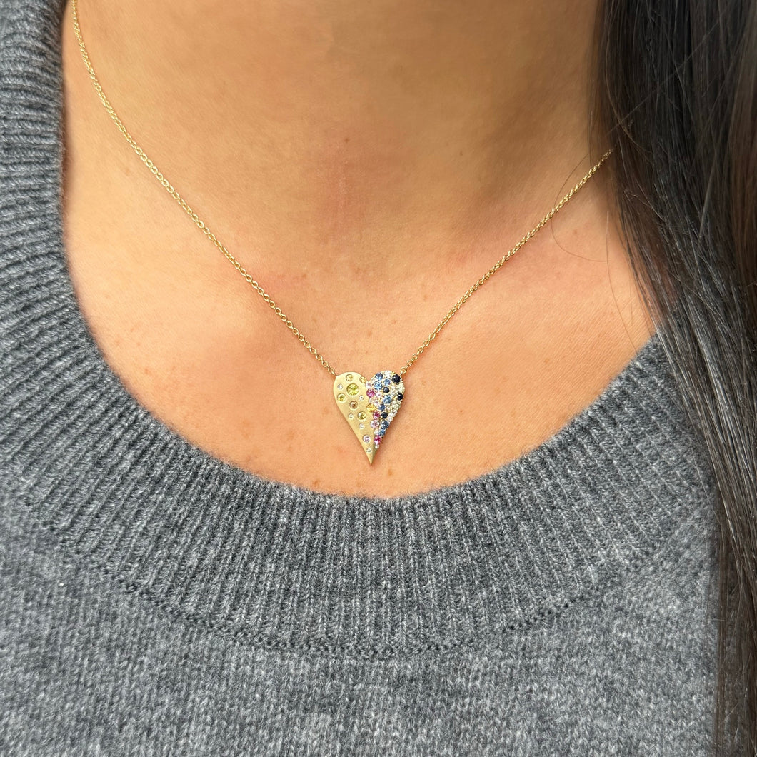 14K GOLD DIAMOND MULTICOLOR SAPPHIRE KELLY CONFETTI HEART NECKLACE