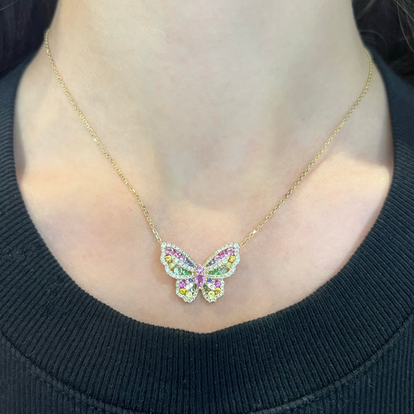 14K GOLD DIAMOND MULTI COLOR SAPPHIRE MILA BUTTERFLY NECKLACE