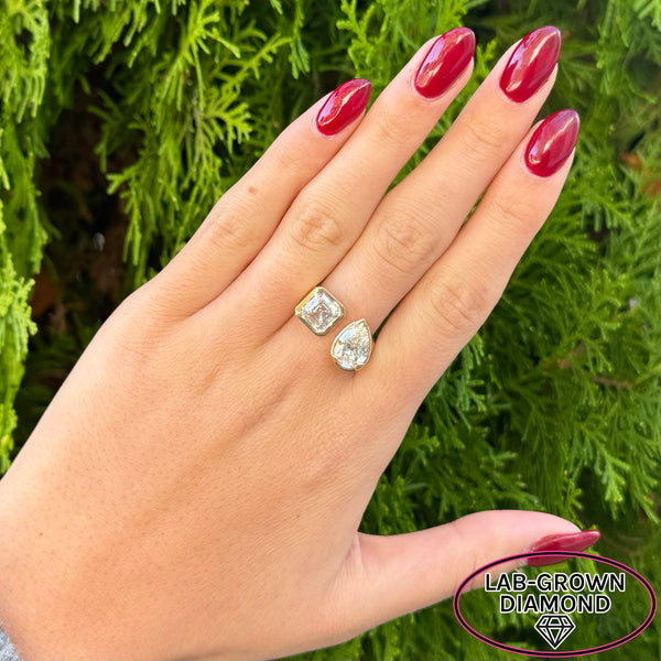 14K GOLD 4.00 CT LAB GROWN DIAMOND 2 STONE BEZEL RING