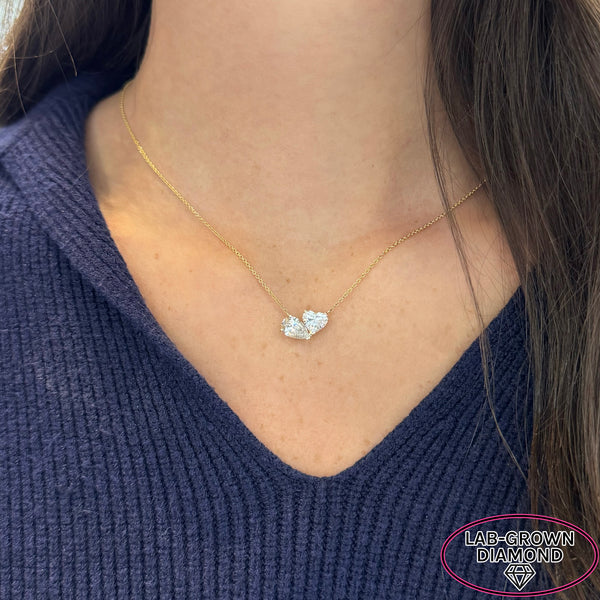 14K GOLD 2.00 CT LAB GROWN DIAMOND HEART AND EMERALD 2 STONE NECKLACE