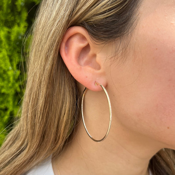 14K GOLD DIAMOND 2" SKINNY HOOPS