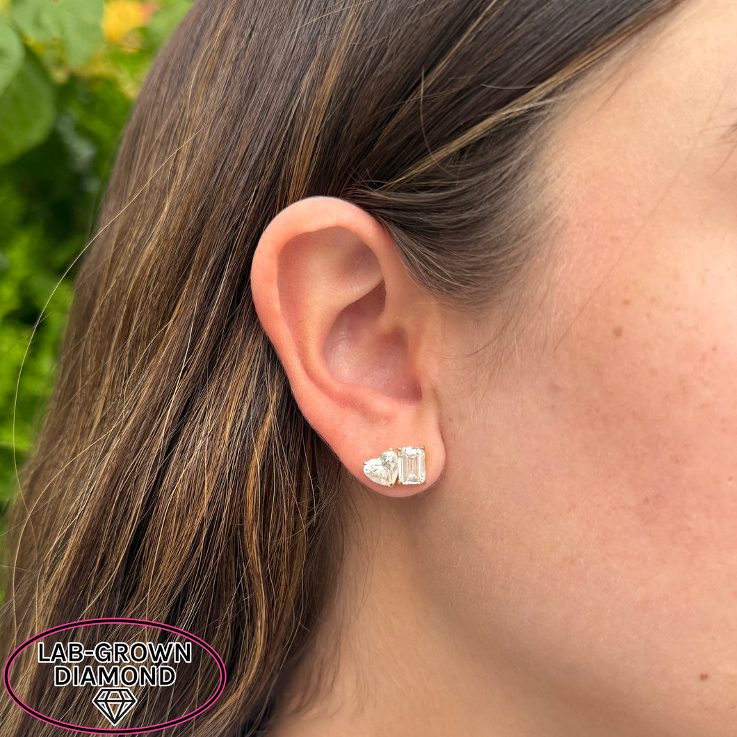 14K GOLD 4.00 CT LAB GROWN DIAMOND HEART AND EMERALD 2 STONE STUDS