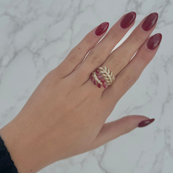 14K GOLD DIAMOND RUBY ADINA LEAF RING