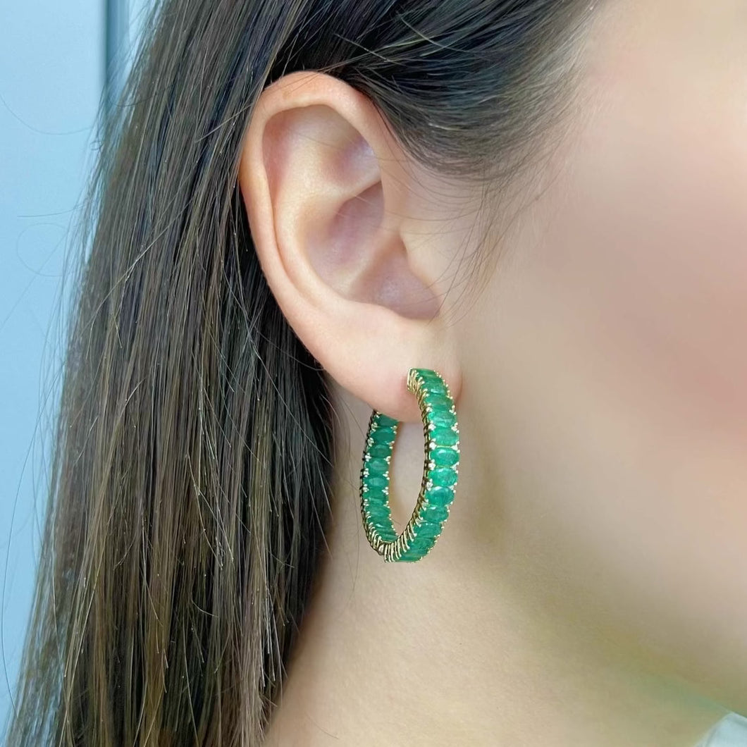 14K GOLD DIAMOND EMERALD REGINA HOOPS