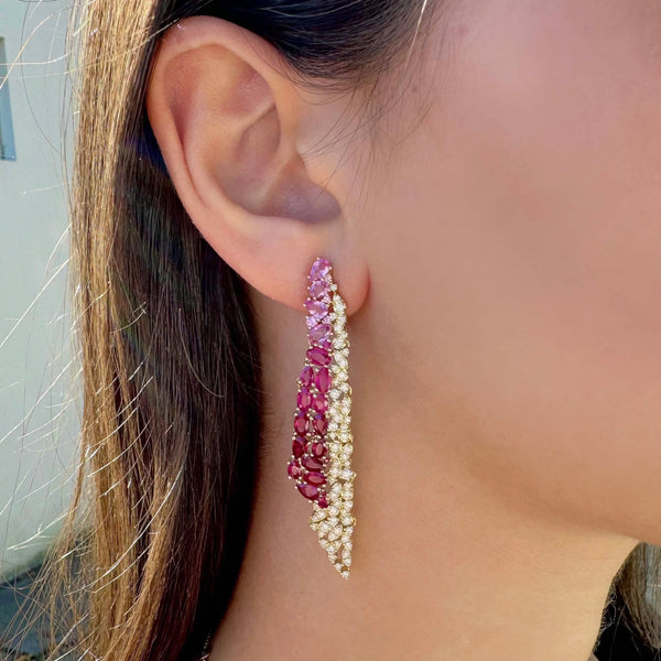 14K GOLD DIAMOND RUBY AND PINK SAPPHIRE CORA EARRINGS