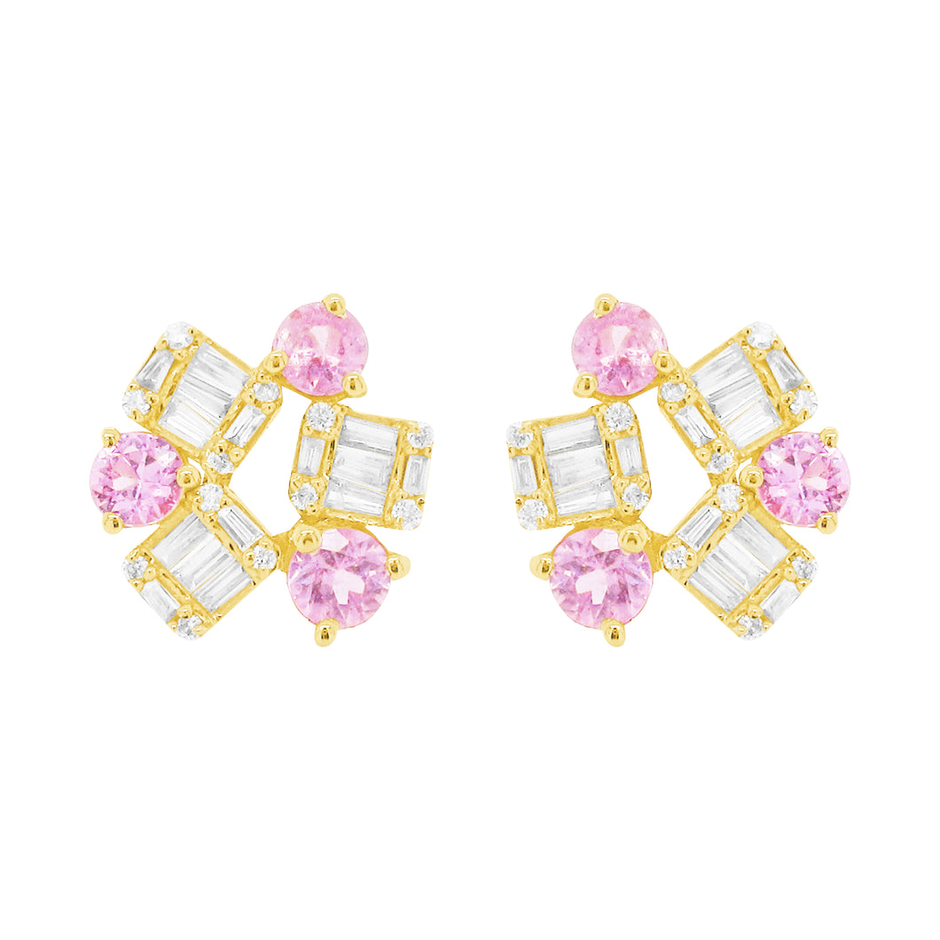 14K GOLD DIAMOND PINK SAPPHIRE WINNIE STUDS
