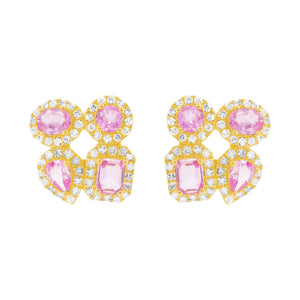 14K GOLD DIAMOND PINK SAPPHIRE SMALL RACQUI STUDS