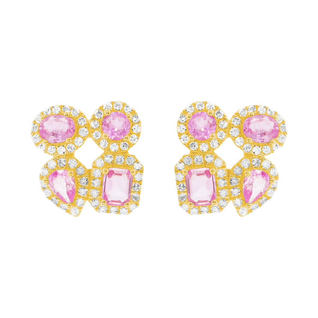 14K GOLD DIAMOND PINK SAPPHIRE SMALL RACQUI STUDS