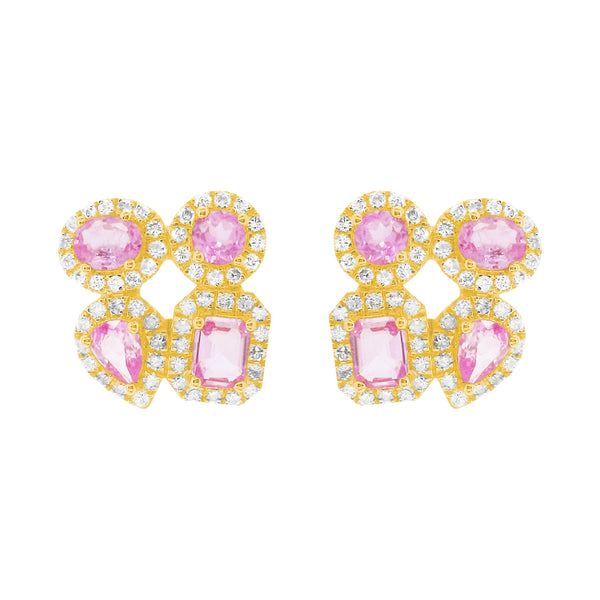 14K GOLD DIAMOND PINK SAPPHIRE SMALL RACQUI STUDS