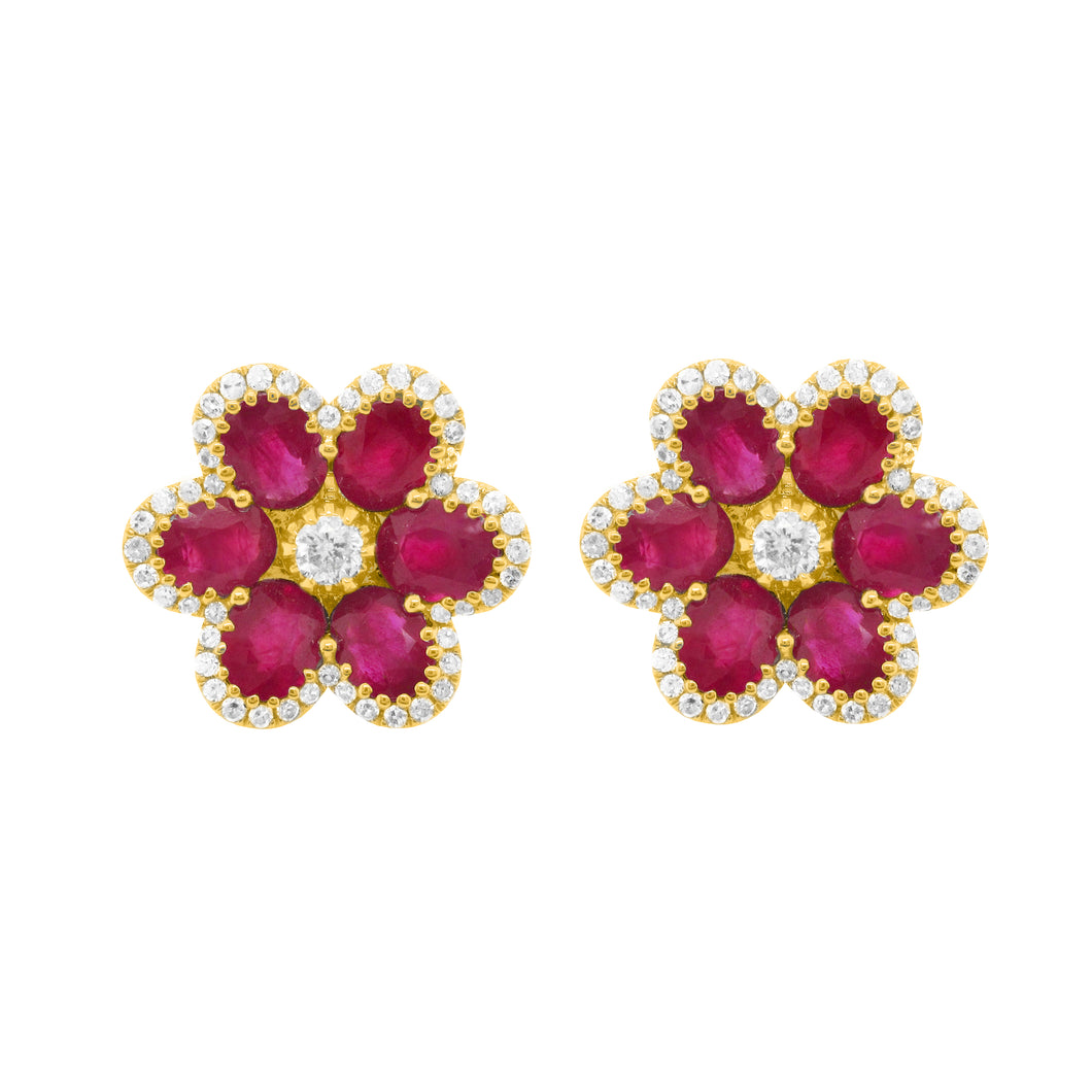 14K GOLD DIAMOND AND RUBY LARGE CARRIE FLOWER STUDS