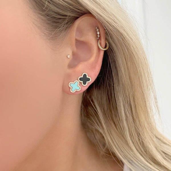 14K GOLD DIAMOND ONYX EVA CLOVER STUDS