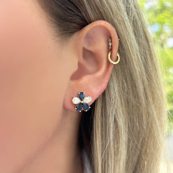 14K GOLD DIAMOND BLUE SAPPHIRE MEDIUM OLIVIA FLOWER EARRINGS