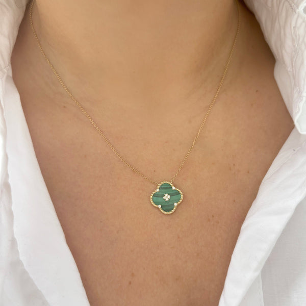 14K GOLD DIAMOND MALACHITE BRIA CLOVER NECKLACE