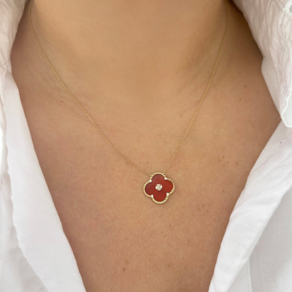 14K GOLD DIAMOND RED AGATE BRIA CLOVER NECKLACE