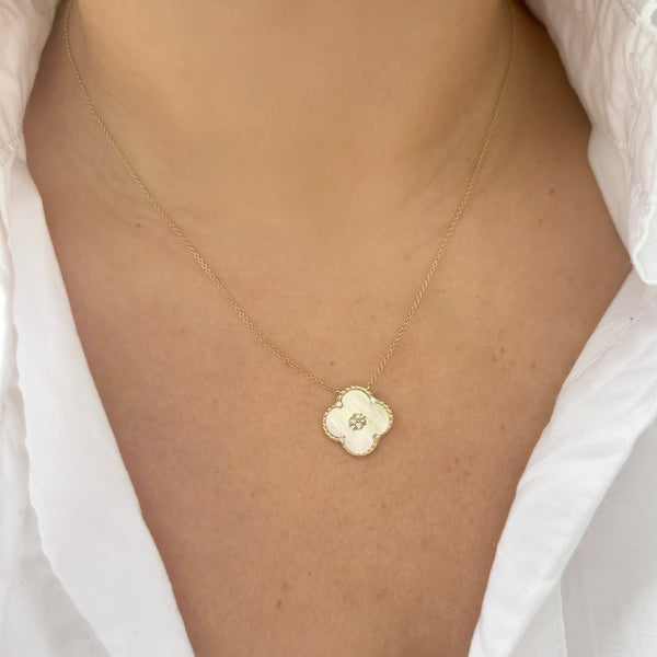 14K GOLD DIAMOND MOTHER OF PEARL BRIA CLOVER NECKLACE