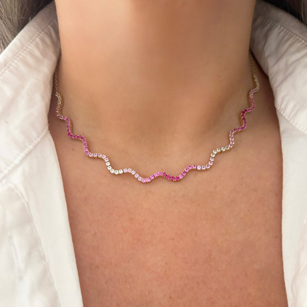 14K GOLD PINK SAPPHIRE OMBRE WAVE NECKLACE