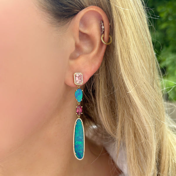14K GOLD DIAMOND OPAL AND TOURMALINE JOLENE EARRINGS