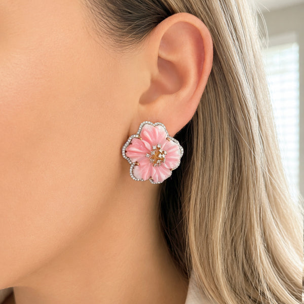14K GOLD DIAMOND PEARL CHERISE FLOWER EARRINGS