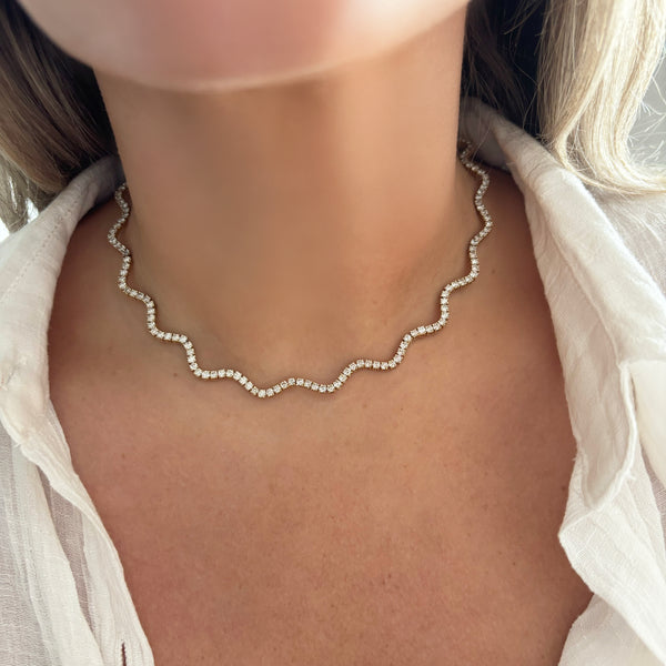 14K GOLD 5.15 CT NATURAL DIAMOND WAVY TENNIS NECKLACE