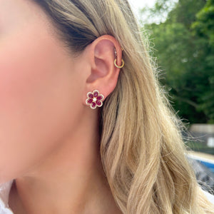 14K GOLD DIAMOND AND RUBY LARGE CARRIE FLOWER STUDS