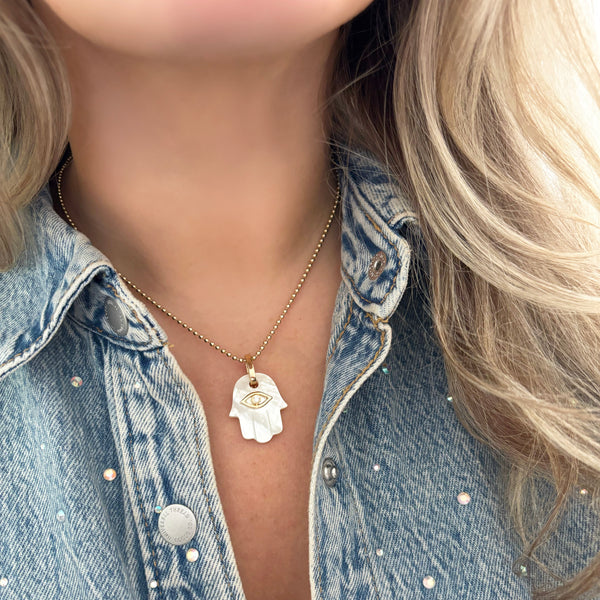 14K GOLD DIAMOND WHITE MOTHER OF PEARL HAMSA CHARM