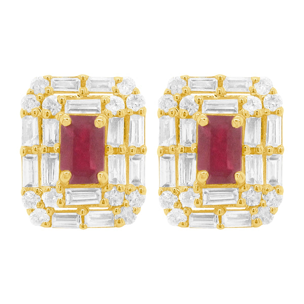 14K GOLD DIAMOND RUBY BAGUETTE BETSY STUDS