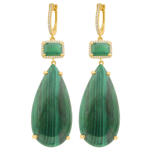 14K GOLD DIAMOND EMERALD AND MALACHITE KATIE EARRINGS