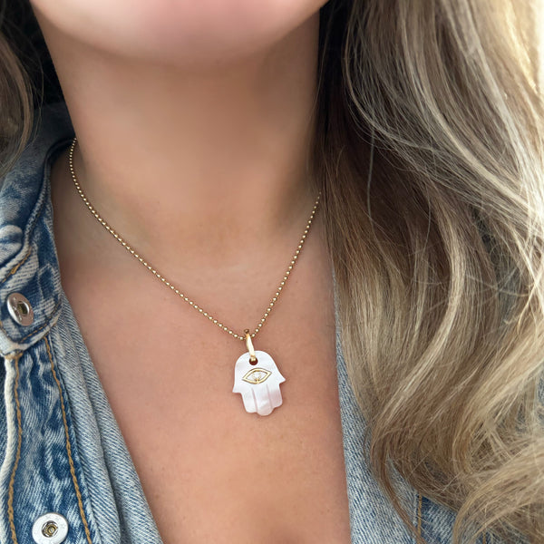 14K GOLD DIAMOND PINK MOTHER OF PEARL HAMSA CHARM