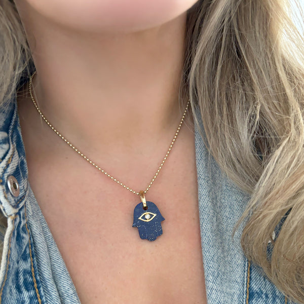 14K GOLD DIAMOND LAPIS HAMSA CHARM