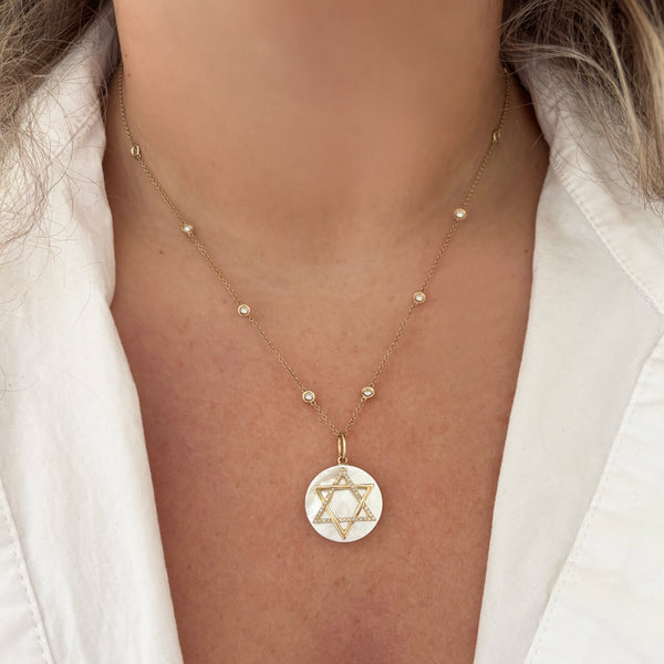14K GOLD DIAMOND MOTHER OF PEARL STAR OF DAVID CHARM